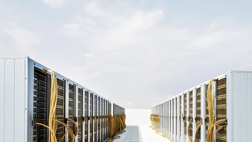 Modern cloud computing facility with server racks and network cables showing distributed processing infrastructure