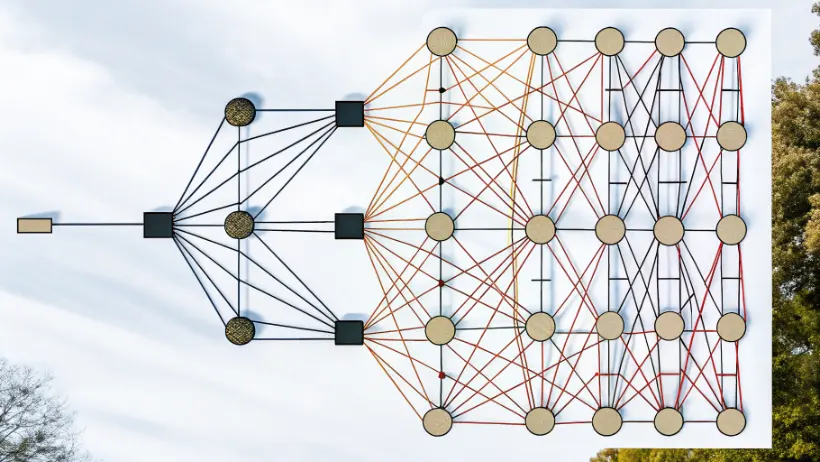 Neural network visualization showing probability distribution models and stochastic simulation layers